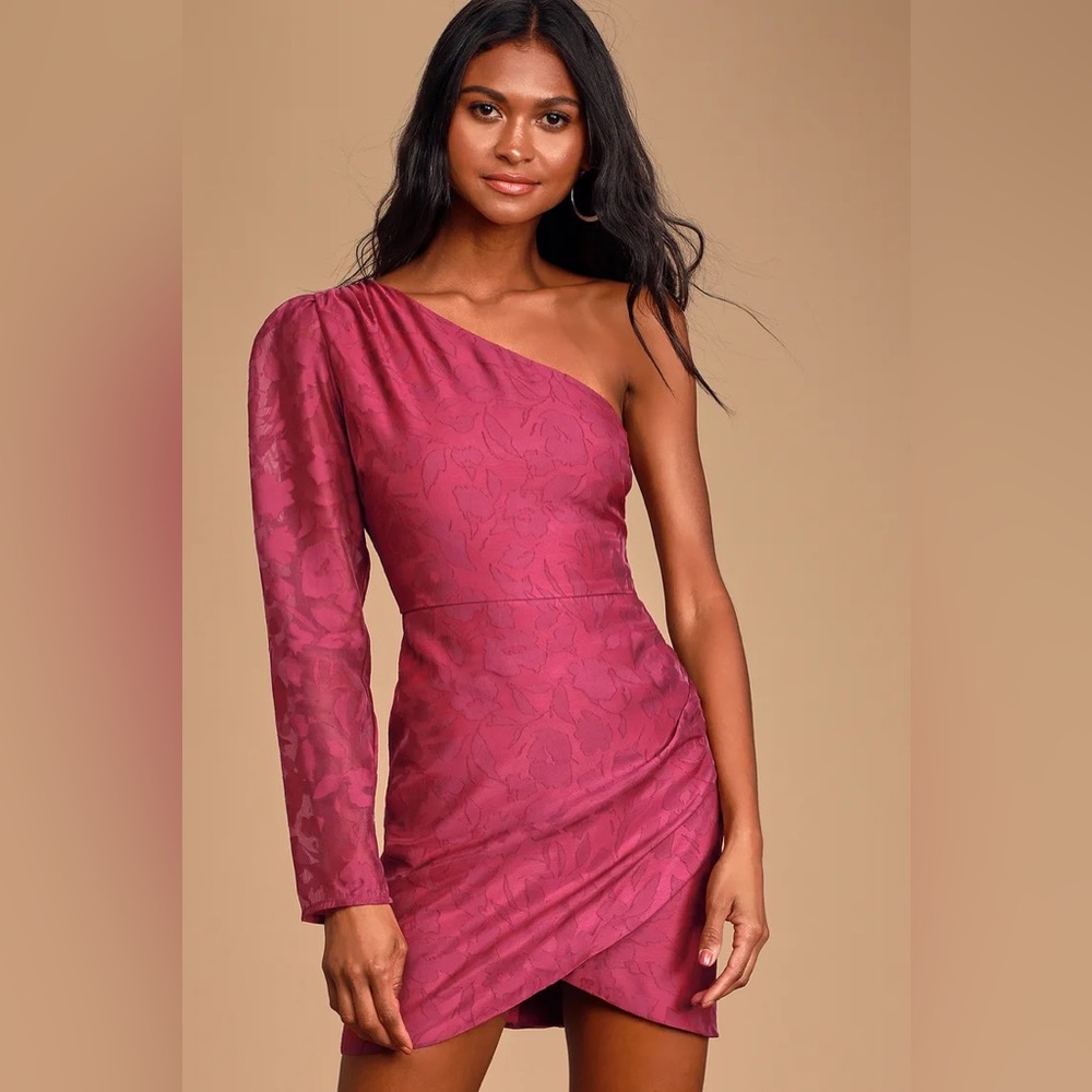 NWT Lulus Emogene Magenta Burnout Floral Print One-shoulder Mini Dress